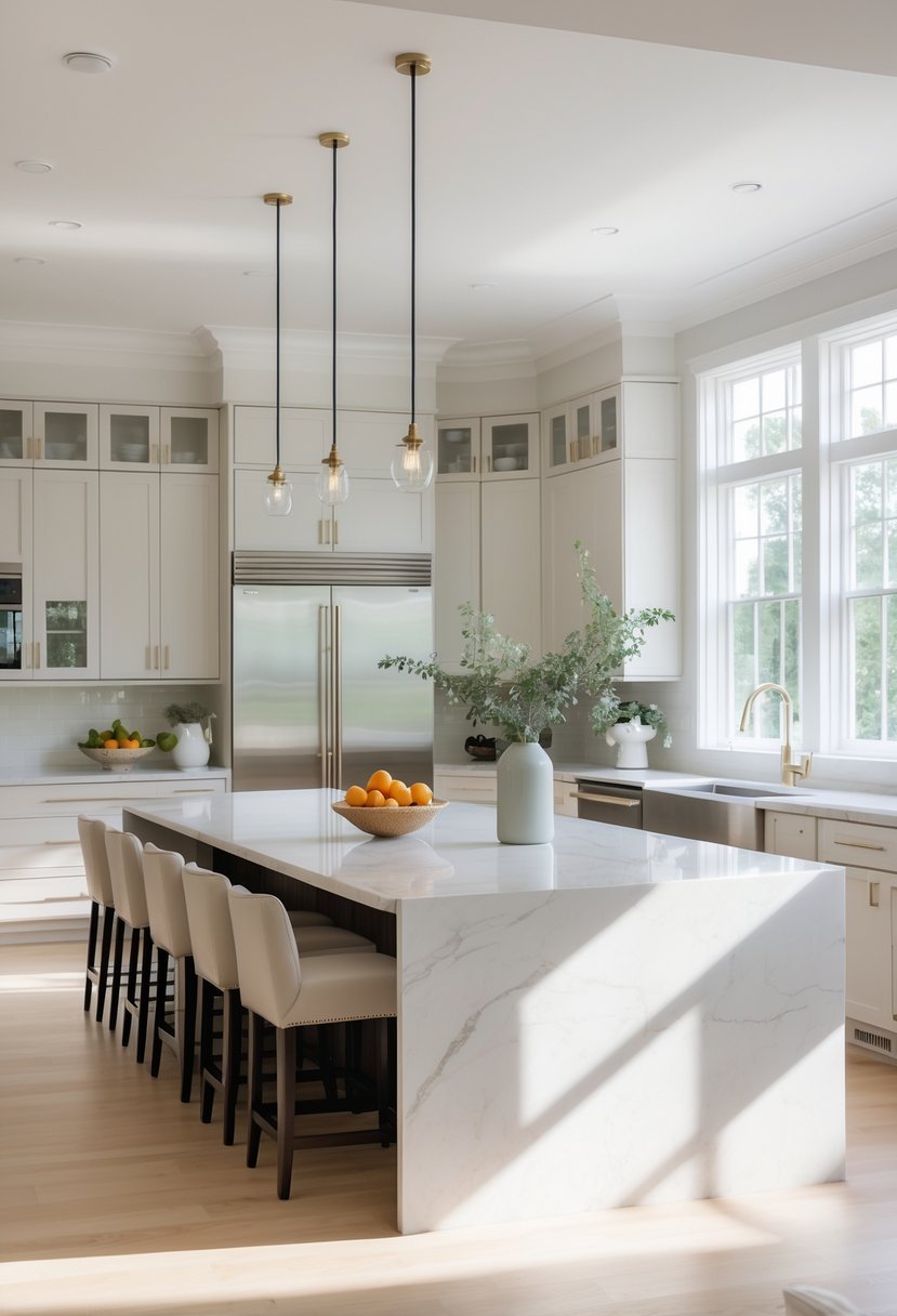 v2 15ugo8 A spacious kitchen with a large island and several bar stools, bright natural light, and modern appliances.