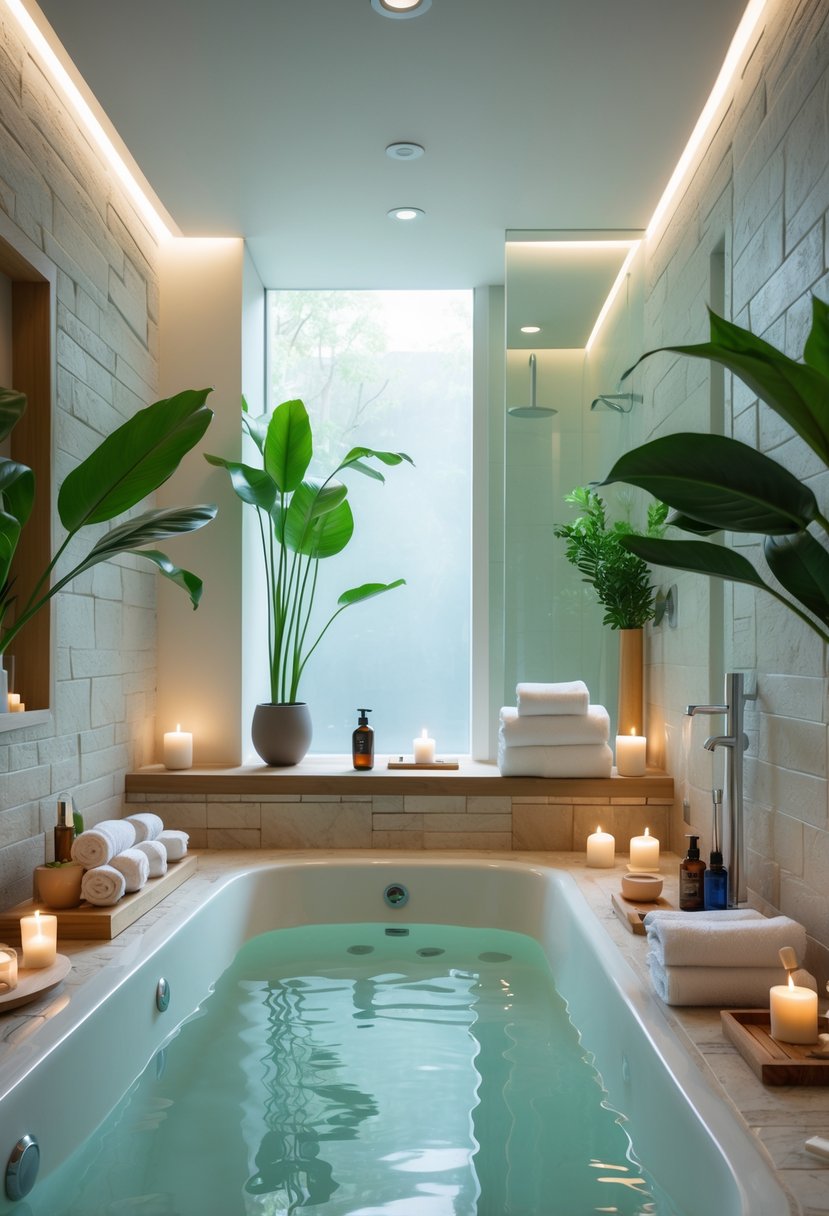 v2 15ugxp A spacious spa bathroom with a bathtub, plants, towels, candles, and a glass shower, filled with natural light.
