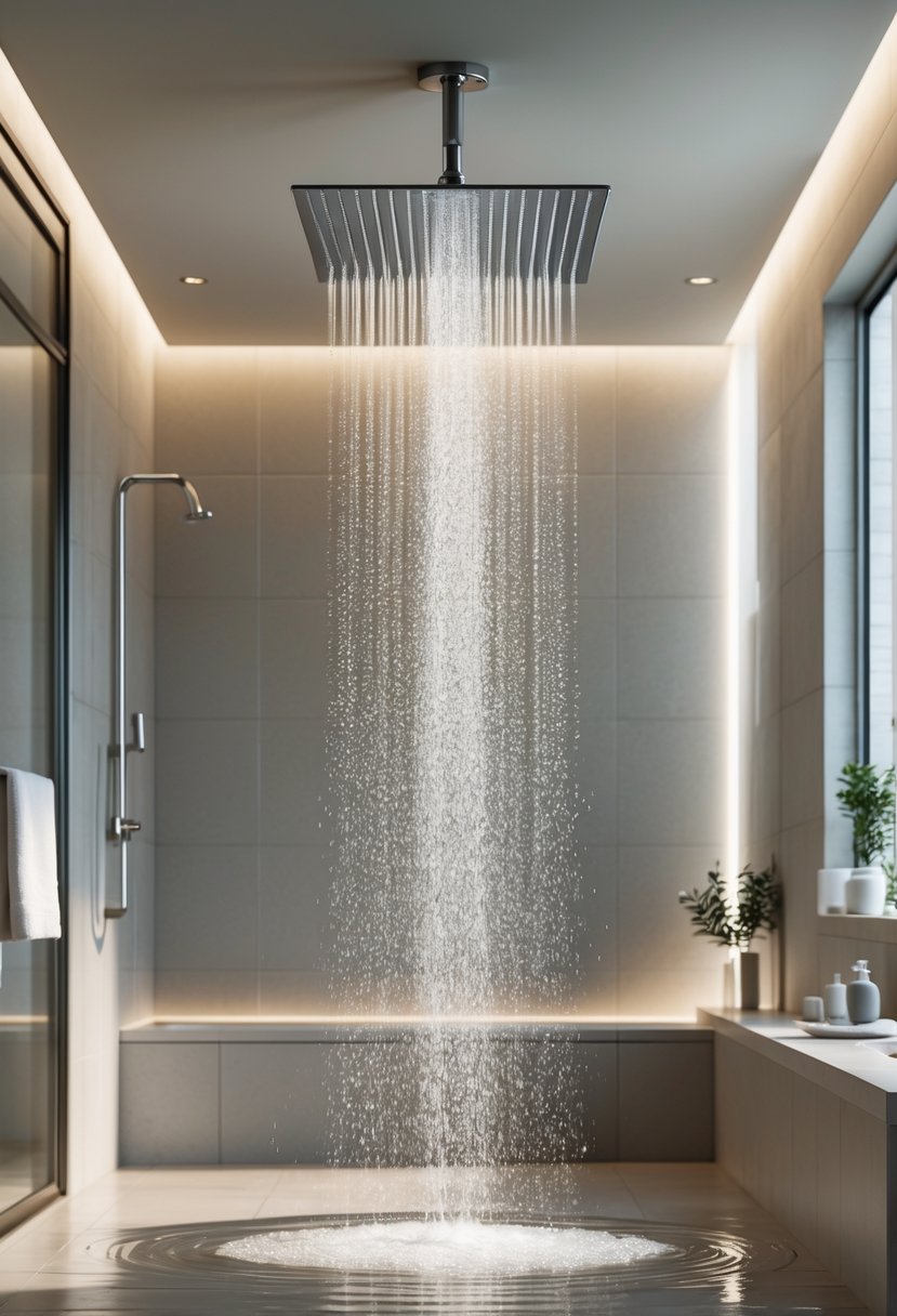 v2 15ugy3 9t3o3 A modern bathroom with a rainfall showerhead releasing water in a spacious shower area.