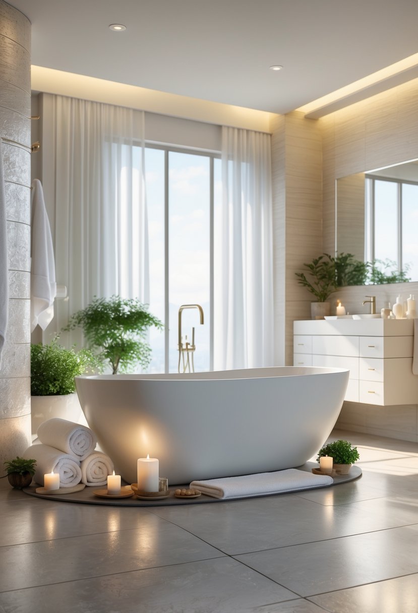 v2 15ugyg 7iauj A spacious spa bathroom with a freestanding soaking tub in the center, surrounded by towels, plants, and candles.