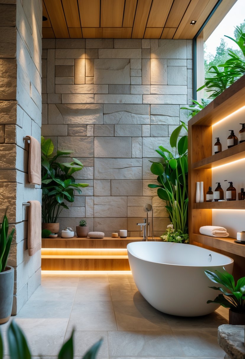 v2 15ugz8 hzo7i A spa bathroom with a freestanding bathtub, stone tiles, wooden shelves, and green plants.