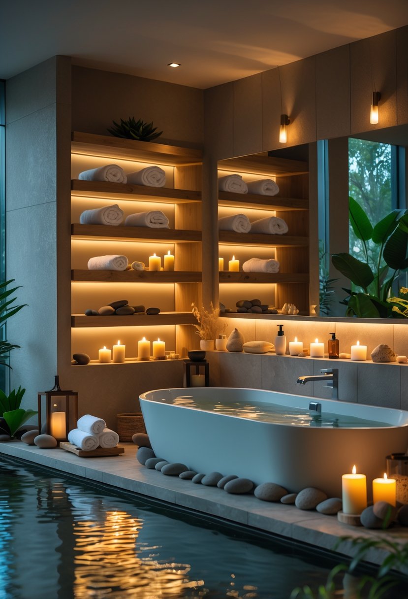 v2 15ugzk zlzpm A spa bathroom with a freestanding bathtub, warm dimmable lighting, plants, and spa essentials arranged on shelves.