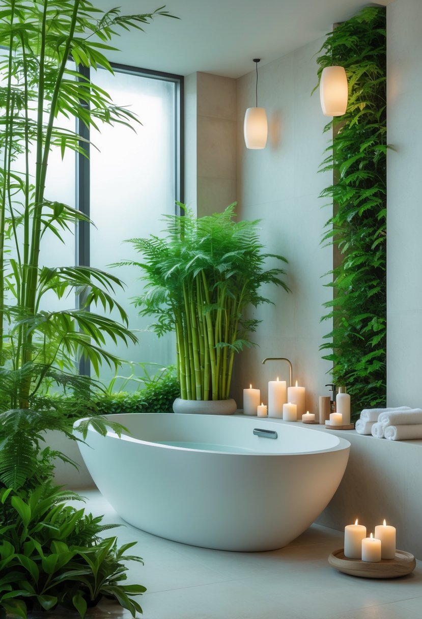 v2 15ugzy dmosq A spa bathroom with a freestanding bathtub surrounded by green ferns and bamboo plants, soft natural light, and neatly arranged spa items.