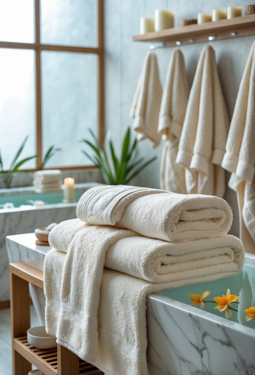 v2 15uh0e ceqne A spa bathroom with oversized towels and bathrobes arranged on shelves and hooks near a bathtub with flower petals, surrounded by plants and spa accessories.