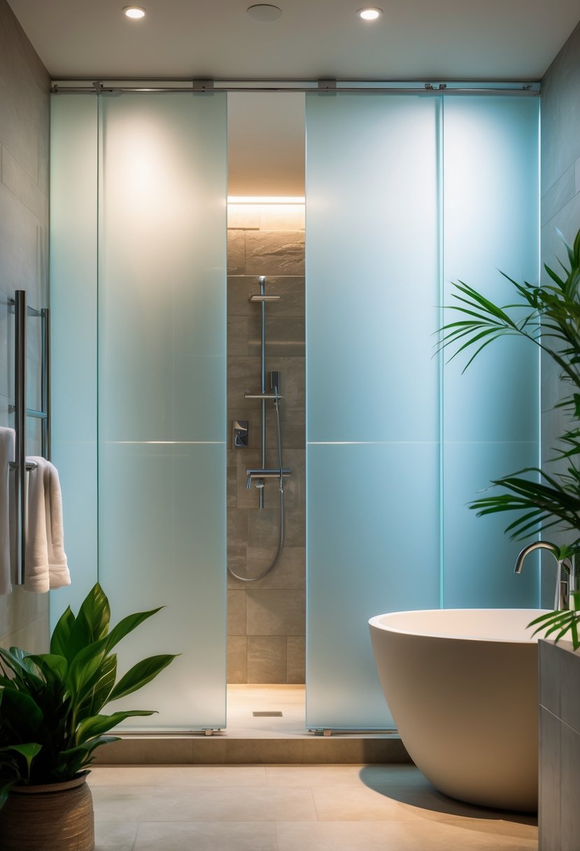 v2 15uh16 9yu6u A modern spa bathroom with frosted glass panels enclosing a walk-in shower, a freestanding bathtub, and natural stone tiles.