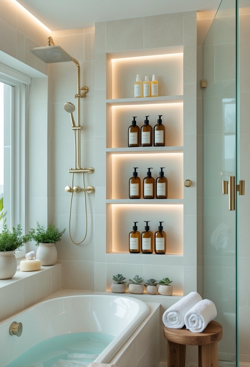 v2 15uh1m 7cqiv A spa bathroom with built-in wall niches holding bottles, towels, and spa essentials near a bathtub and shower.