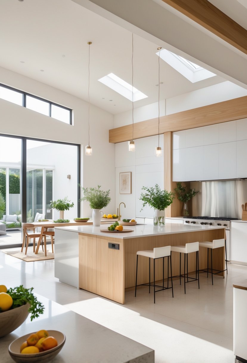 v2 15vtef 82t07 A bright open kitchen with a large island, modern appliances, bar stools, and an open dining area in the background.