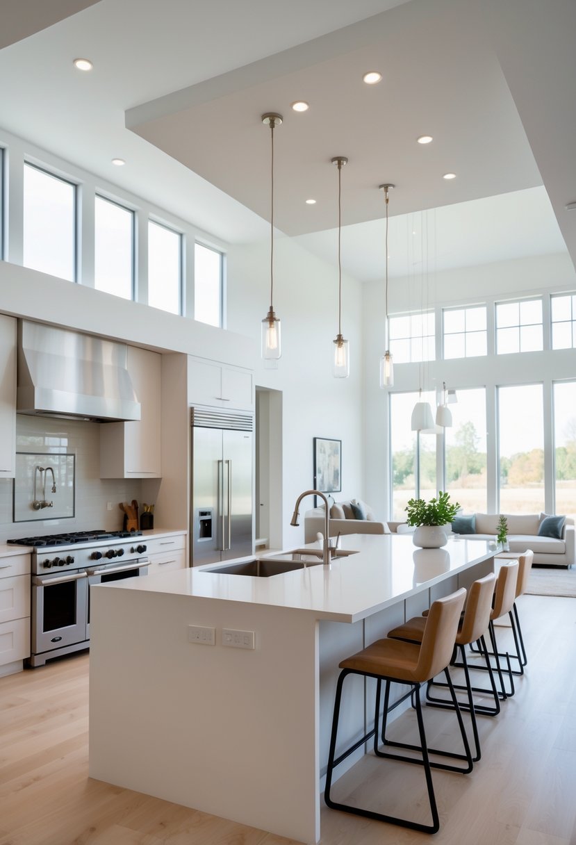 v2 15vteq tna0u Open floor plan showing a kitchen with a large island and seating, connected to a living area.