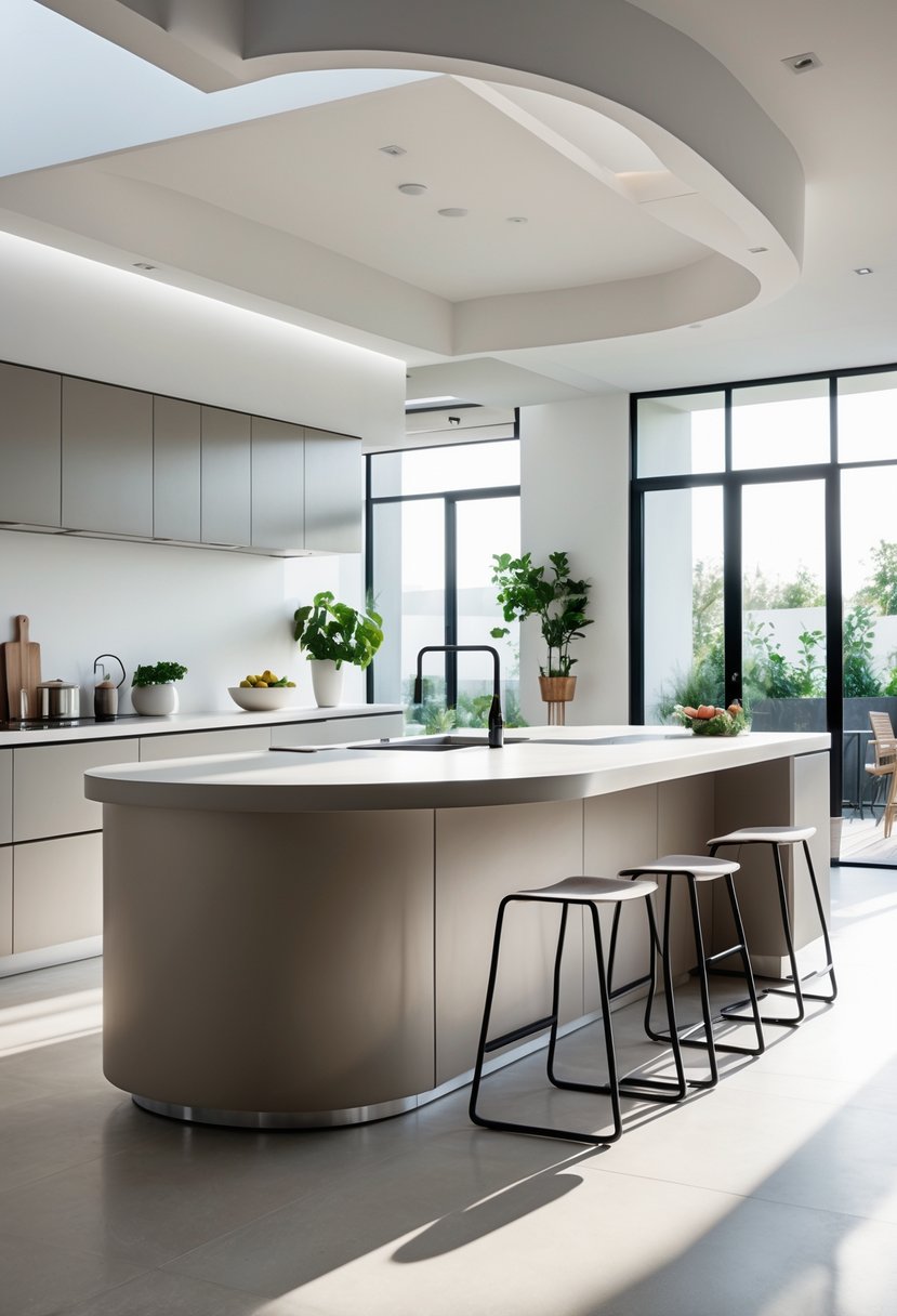 v2 15vtf3 j716h A modern open kitchen with a large curved kitchen island and bar stools, bright natural light, and stainless steel appliances.