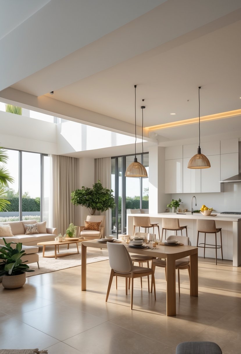 v2 15vtfd fpwmw An integrated living and dining area next to an open kitchen with a sofa, dining table, and kitchen island.