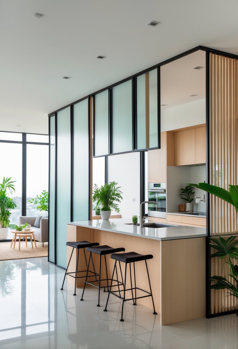 v2 15vtfs n87hf Open kitchen with semi-partition walls made of frosted glass and wood, separating the kitchen from the living area while allowing light to pass through.