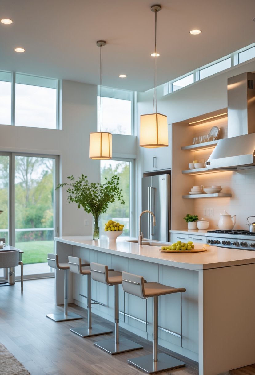 v2 15vtga zo5at Open kitchen with a breakfast bar and pendant lights above, featuring bar stools and modern appliances.