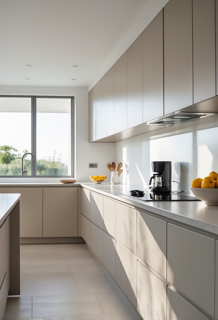 v2 15vtgn njunj A modern open kitchen with handleless cabinets, an island countertop, and natural light coming through large windows.