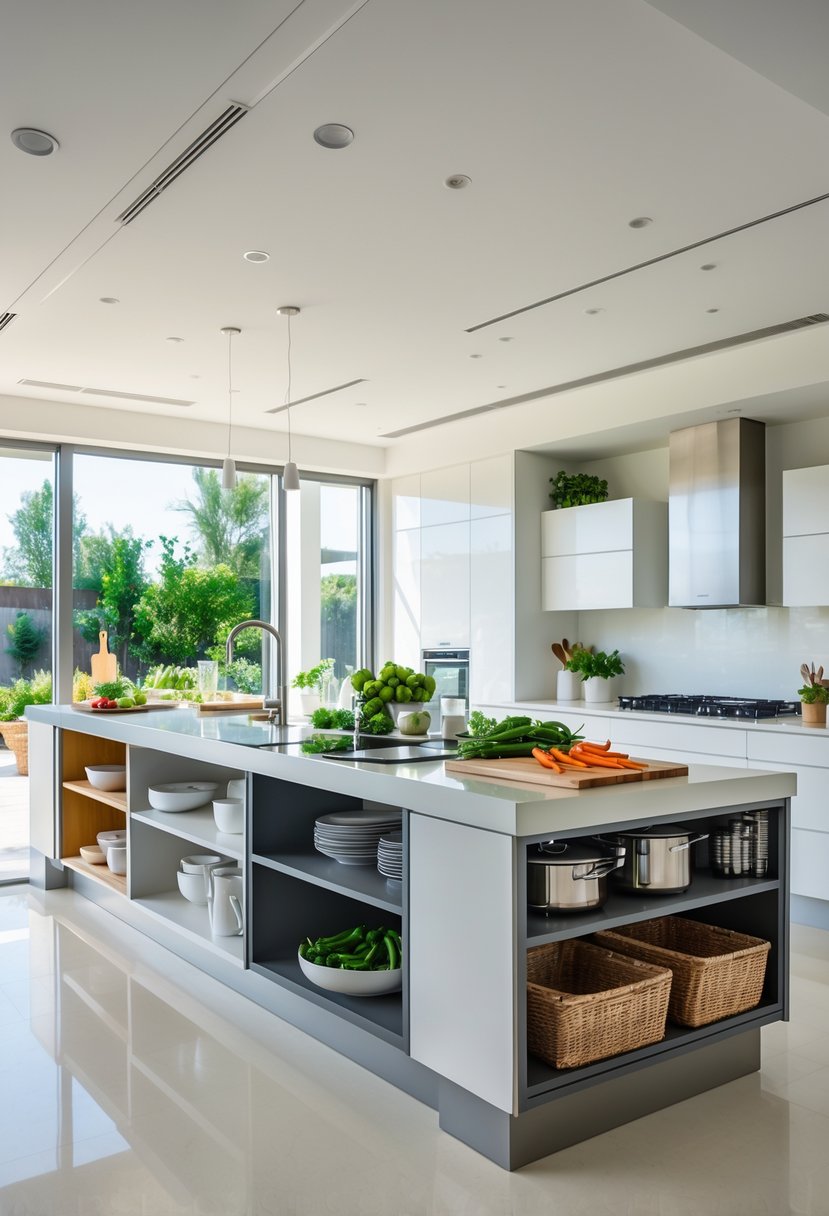 v2 15vtgx 65s4f A modern kitchen with a large multi-functional island featuring storage compartments and food preparation areas.