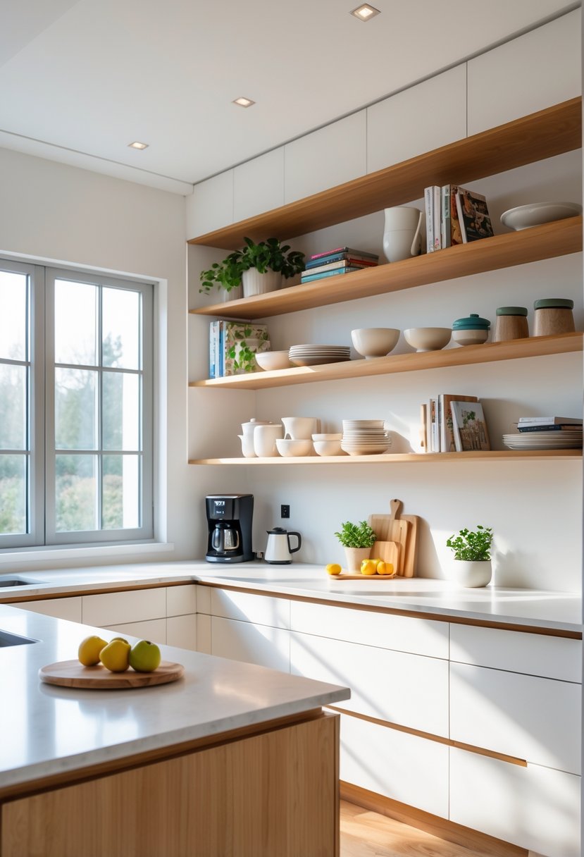 v2 15vth9 ui08b A kitchen with open shelves displaying dishes and plants alongside closed cabinets, illuminated by natural light.