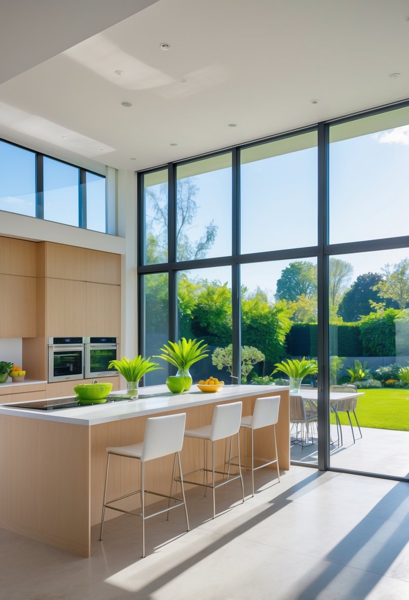 v2 15vtho 0hae8 A bright open kitchen with large windows letting in natural light, featuring a kitchen island, modern appliances, and greenery visible outside.