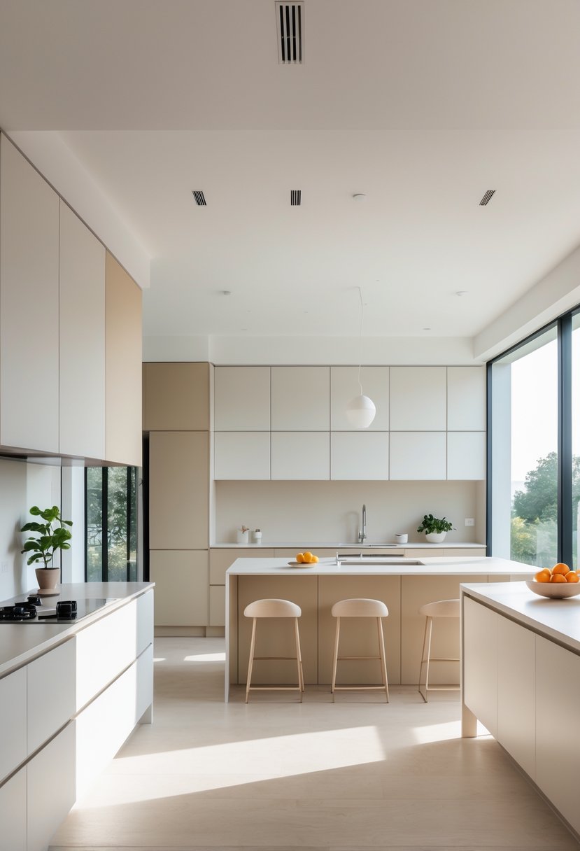 v2 15vthz s9mms A bright open kitchen with a large island, sleek cabinets, bar stools, and natural light coming through windows.