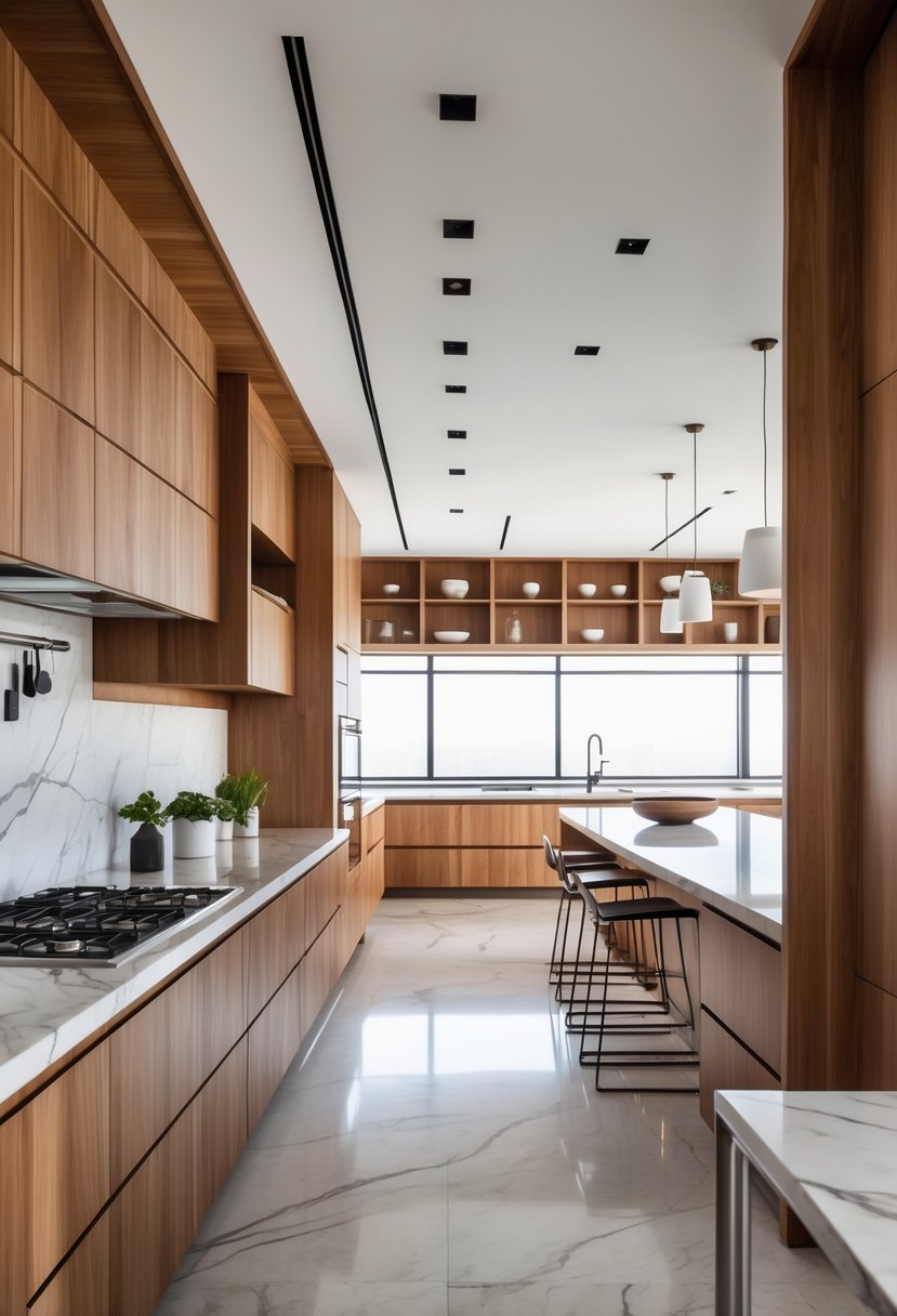 v2 15vtir zsjim An open kitchen featuring wooden cabinets, marble countertops, and metal accents with a kitchen island and bar stools.