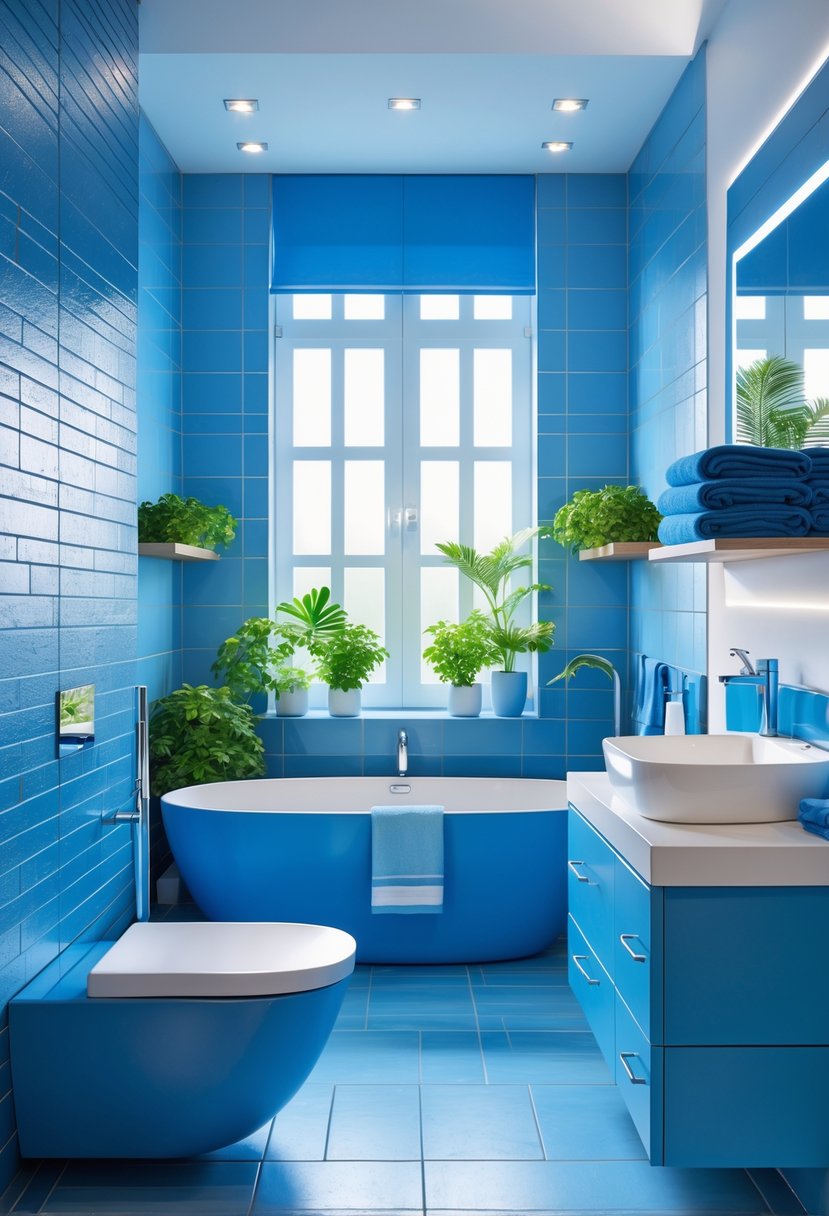v2 15vtny gqtfg A modern bathroom featuring blue tiles, a freestanding bathtub, a blue vanity, chrome fixtures, and green plants by a window.
