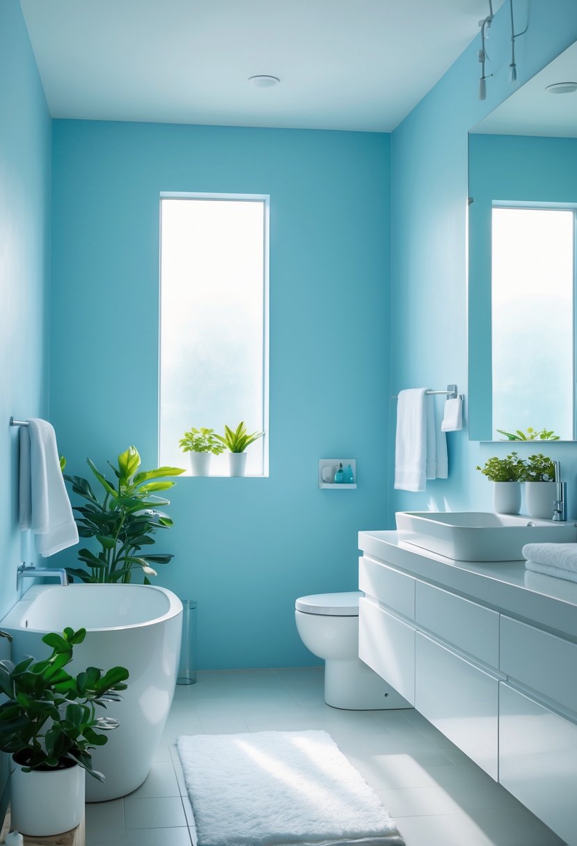 v2 15vtoa vlhq9 A bright bathroom with light blue walls, a white vanity, mirror, and natural light coming through a window.