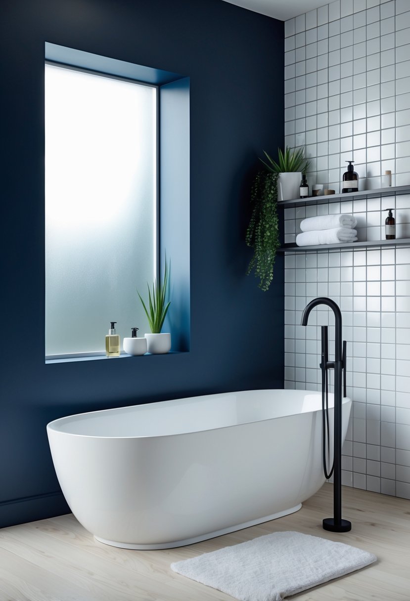 v2 15vtol 69dgf A modern bathroom with a deep navy blue accent wall, a white freestanding bathtub, black fixtures, plants, and natural light coming through a window.