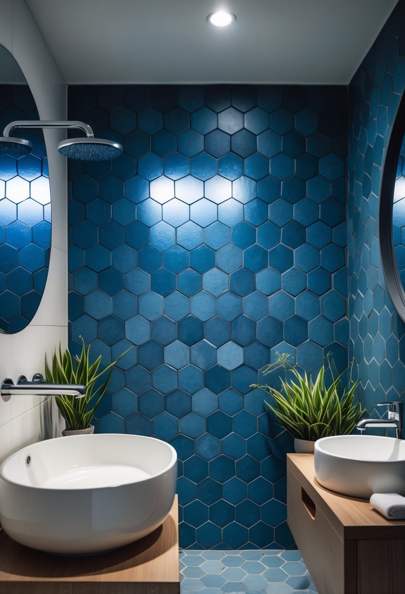 v2 15vtow 4cpas A bathroom interior with hexagonal blue tiles on the walls, a white sink, wooden vanity, round mirror, and small green plants.