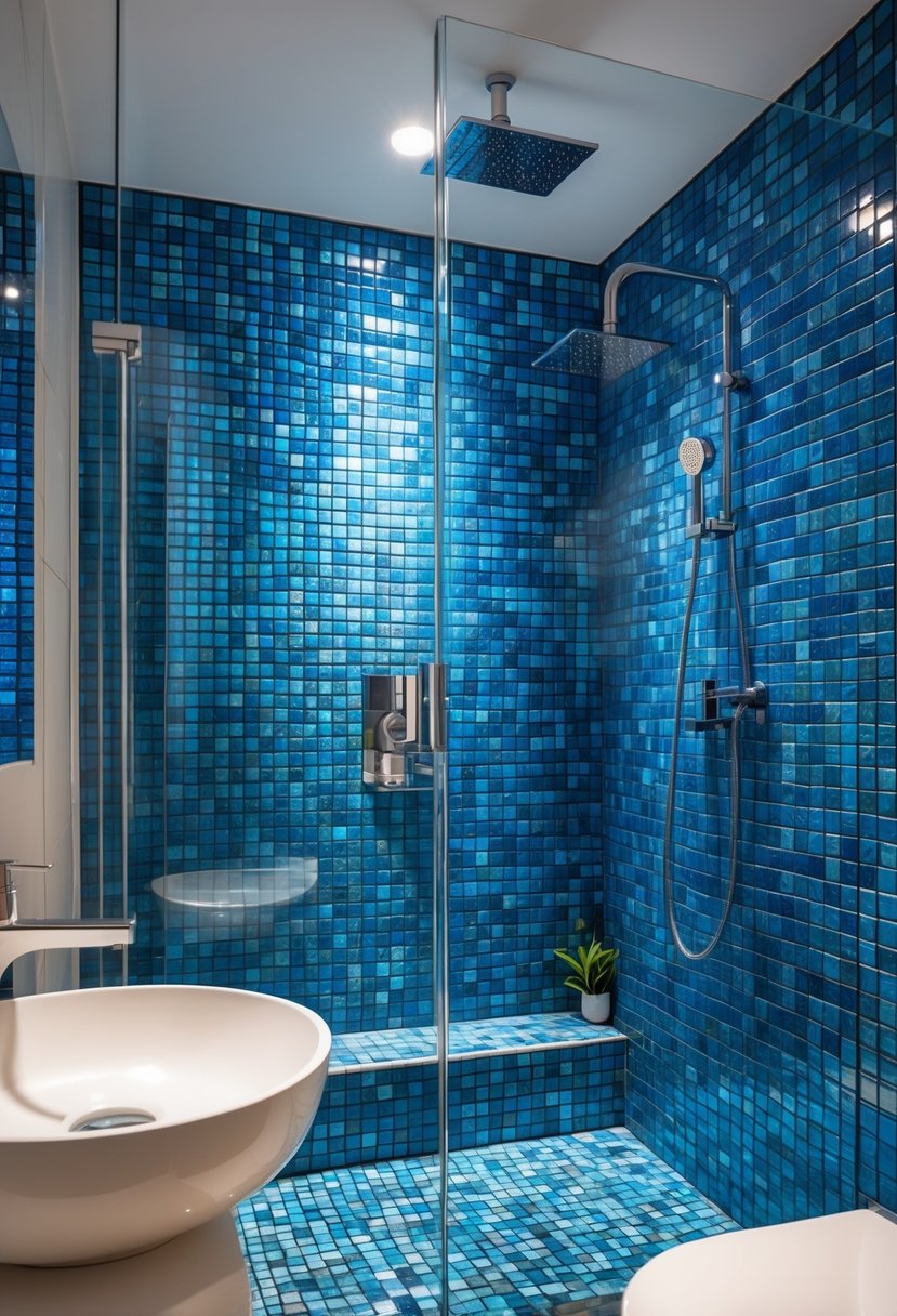 v2 15vtp8 mhcjs A bathroom with a blue mosaic tiled shower surround, glass shower door, and modern fixtures.