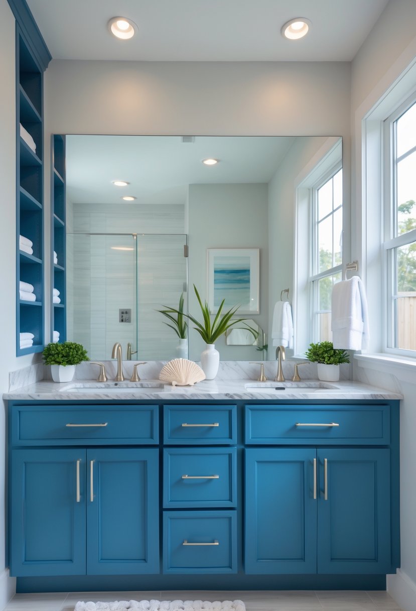 v2 15vtpr etpwc Bathroom with blue vanity cabinets, white marble countertop, large mirror, and natural light.