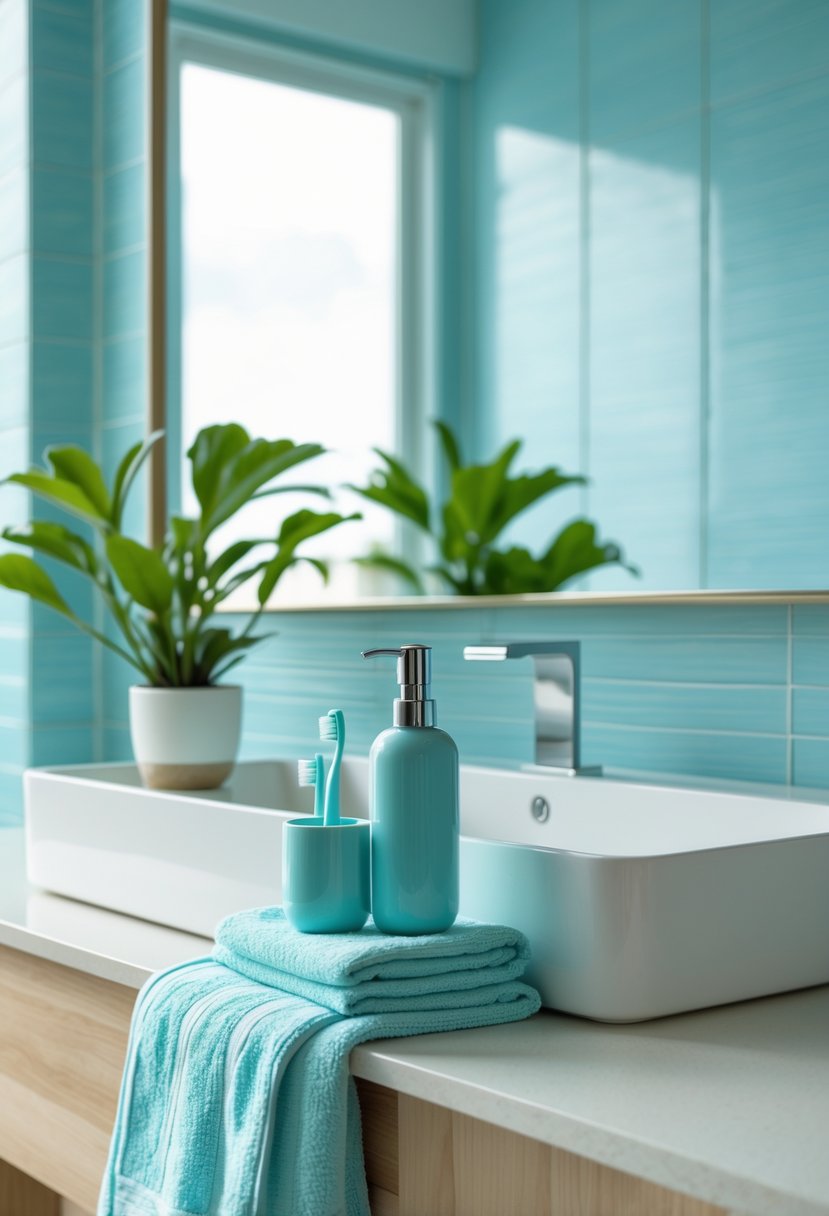 v2 15vtq8 joftz A bathroom sink area with soft aqua bathroom accessories including a soap dispenser, toothbrush holder, towel, and a small green plant on a wooden countertop with a light blue tiled wall in the background.