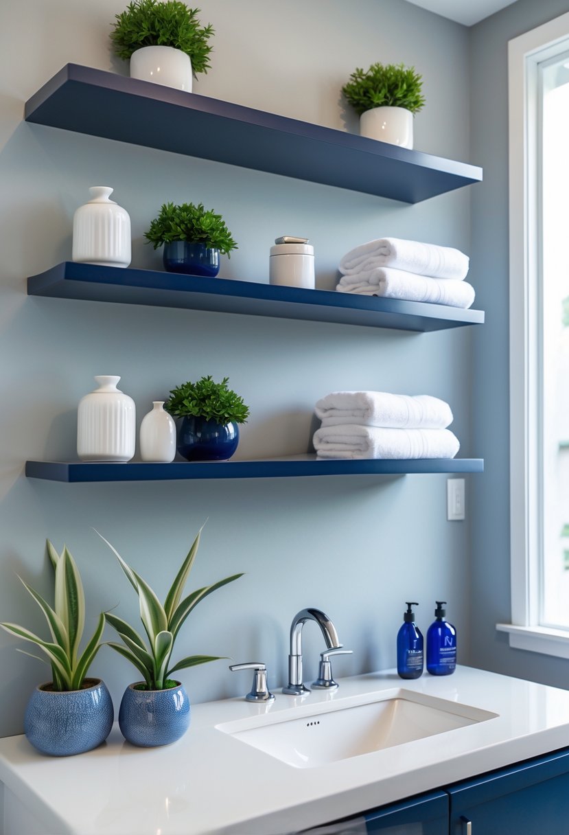 v2 15vtqj A bathroom with navy blue floating shelves holding plants, towels, and bathroom accessories above a white sink.