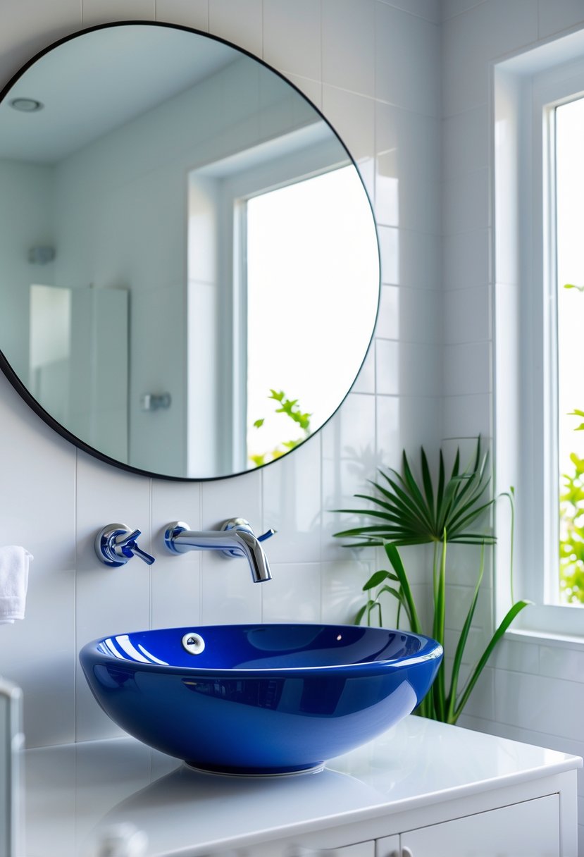 v2 15vtqv zjlv7 A modern bathroom with a cobalt blue porcelain sink on a white vanity, a round mirror, tiled walls, and green plants.
