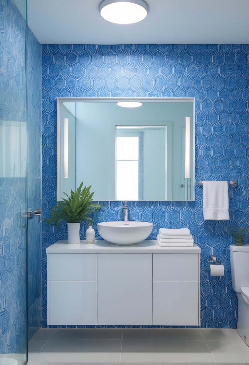 v2 15vtr7 A bright bathroom with blue and white geometric wallpaper, a white vanity with sink, a large mirror, and decorative plants.
