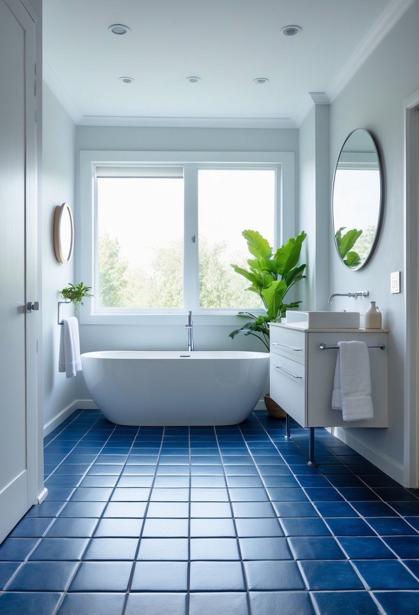 v2 15vtrj zkbin A bright bathroom with indigo blue floor tiles, a white bathtub, a vanity with a round mirror, and a small green plant.