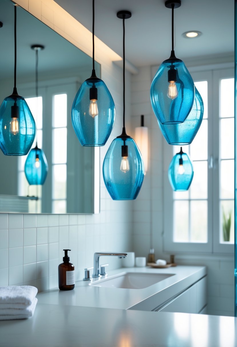 v2 15vtrx o0zkq Blue glass pendant lights hanging above a modern bathroom vanity with a mirror and countertop.