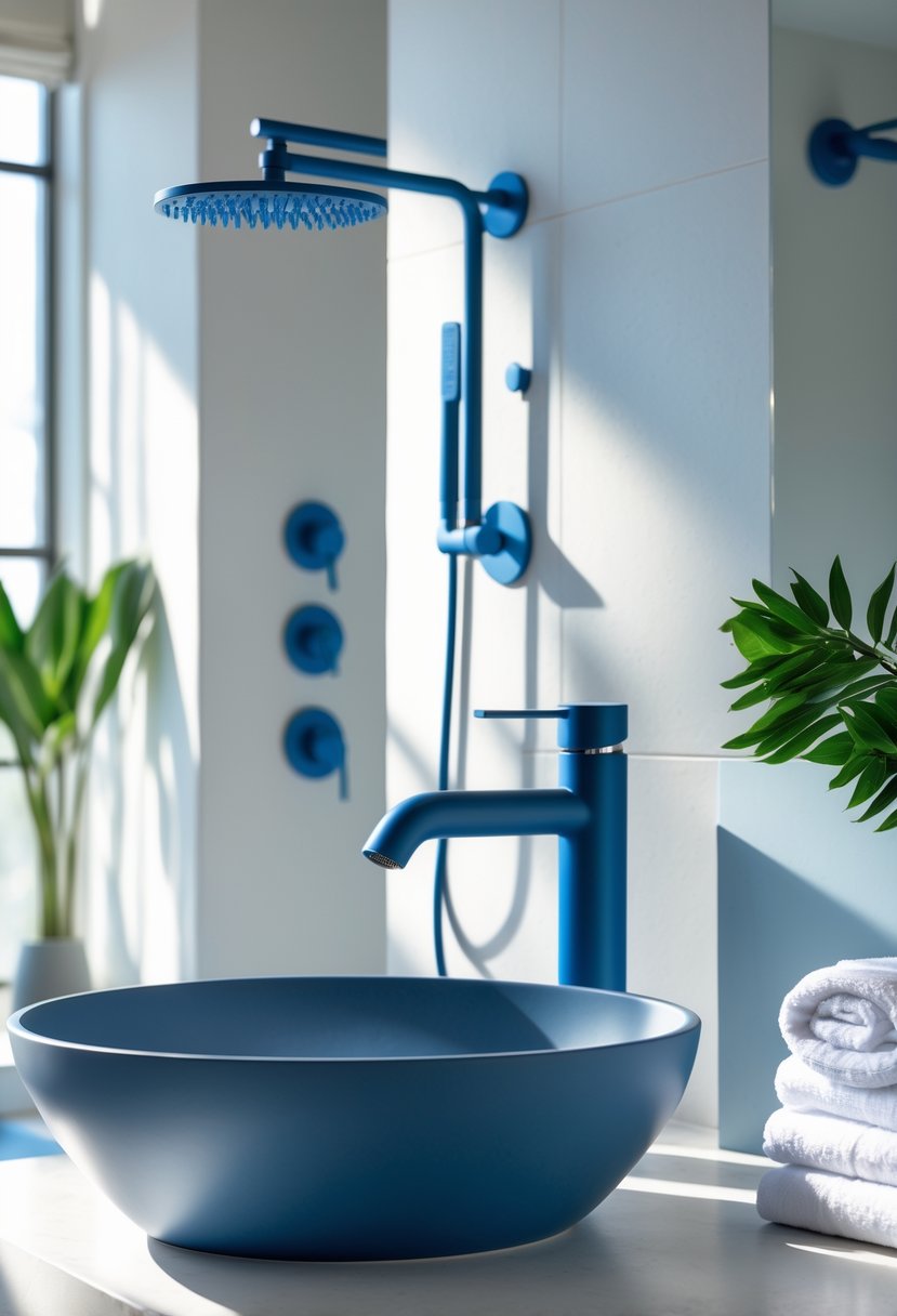 v2 15vts9 A modern bathroom with matte blue faucets and fixtures including a sink faucet and shower hardware, with white walls and a small green plant.