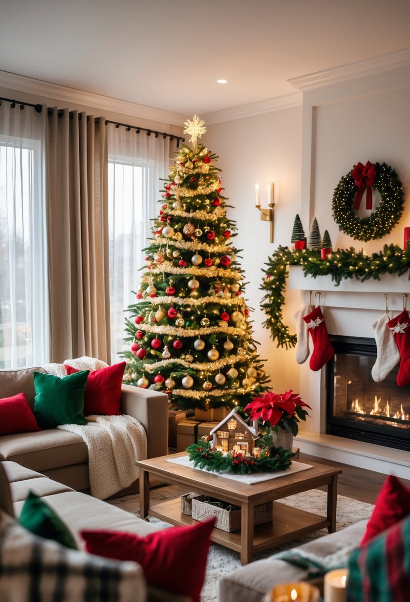 A living room decorated for Christmas with a tree, fireplace, stockings, and festive decorations.