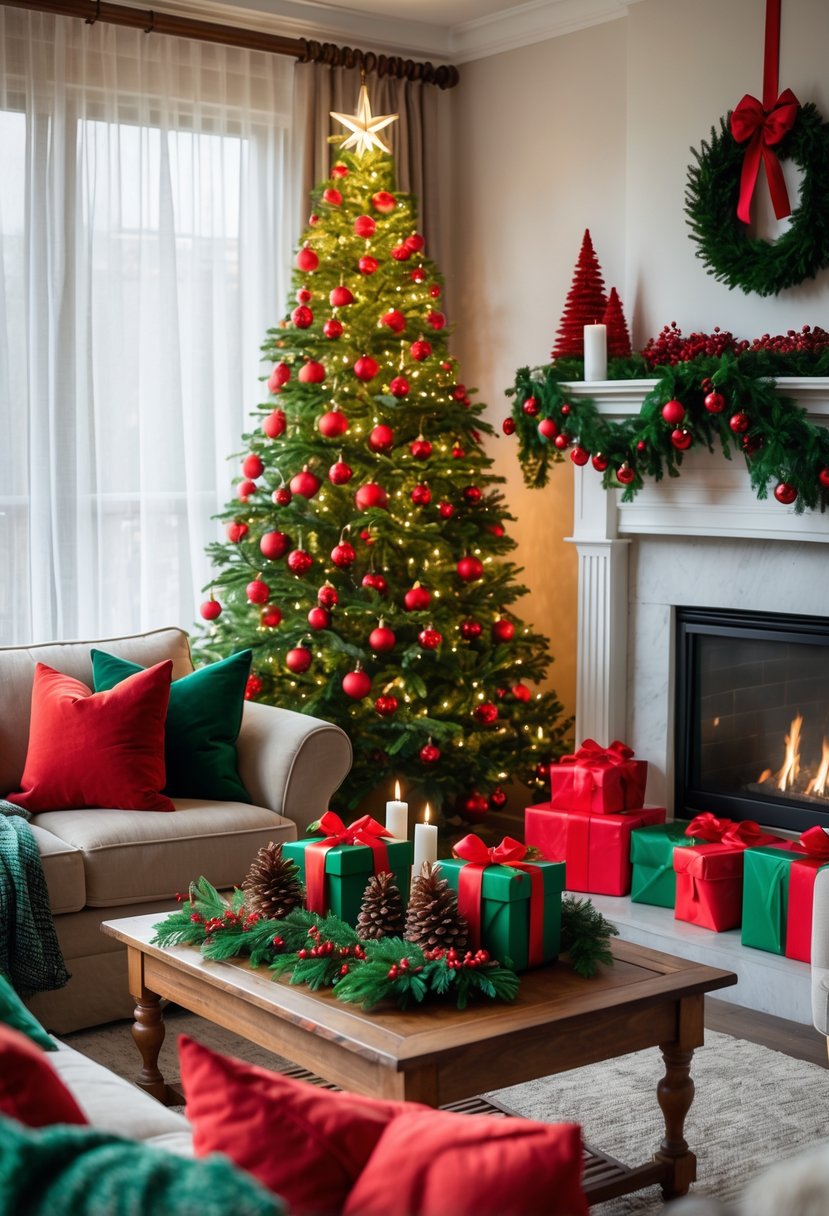 A living room decorated for Christmas with a tree, fireplace mantle, and sofa featuring red and green decorations.