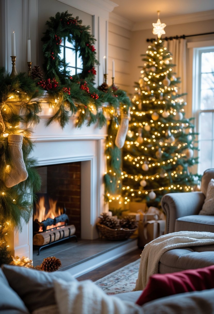 A living room mantel decorated with twinkling string lights, greenery, and holiday accents, with a Christmas tree in the background.
