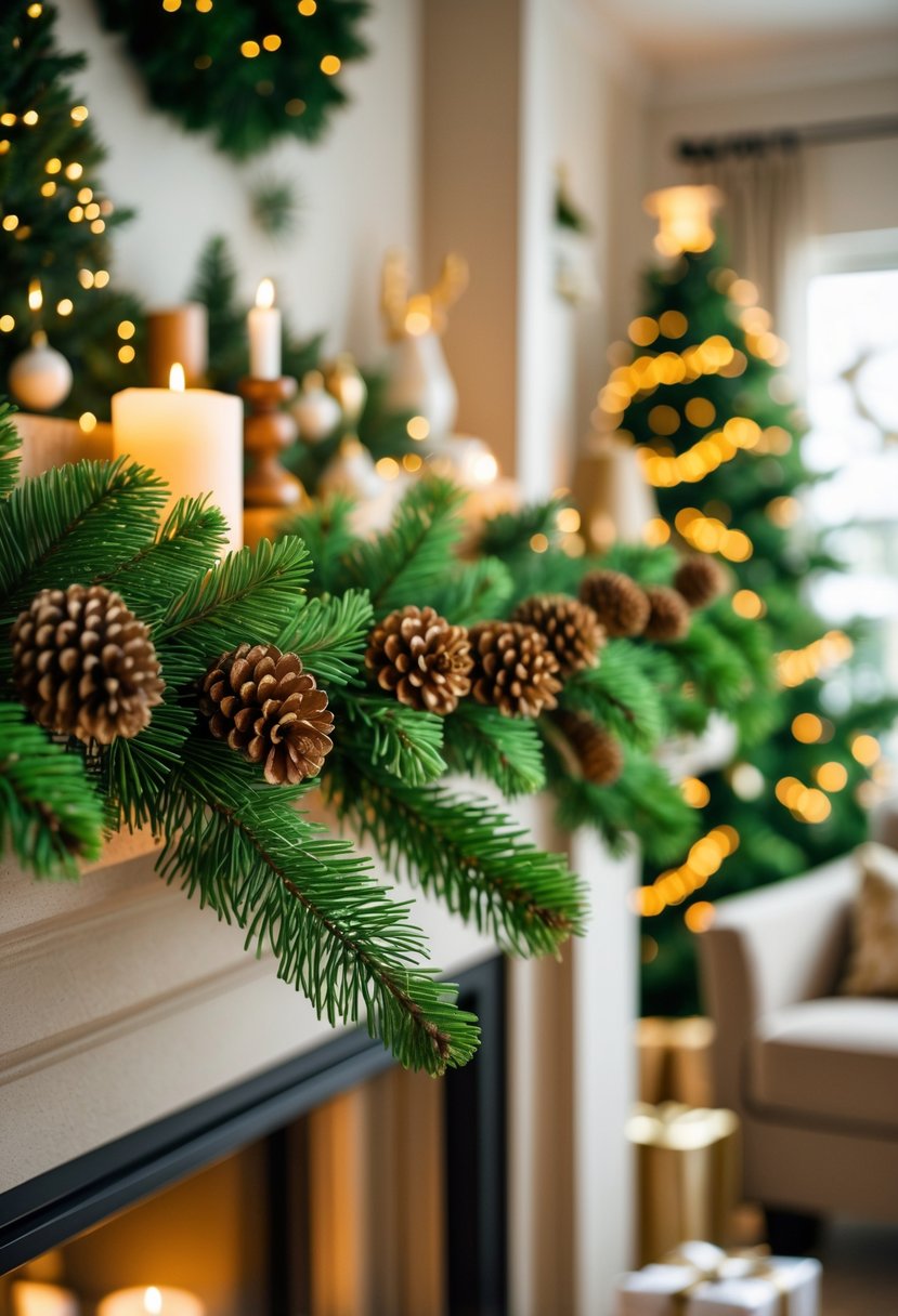 A pine garland with pinecones draped over a living room mantel decorated for Christmas with warm lights and holiday ornaments.