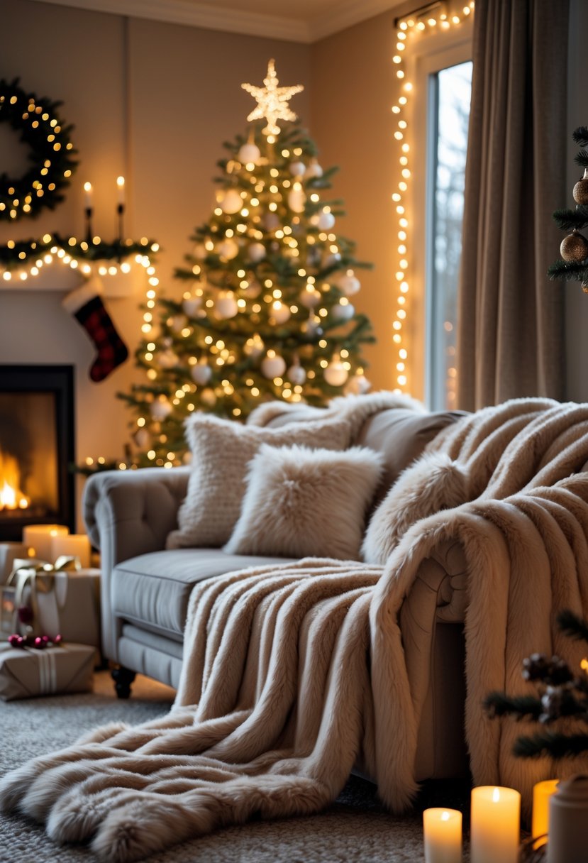 A cozy living room decorated for Christmas with a sofa covered in faux fur throw blankets, a Christmas tree, and warm lighting.