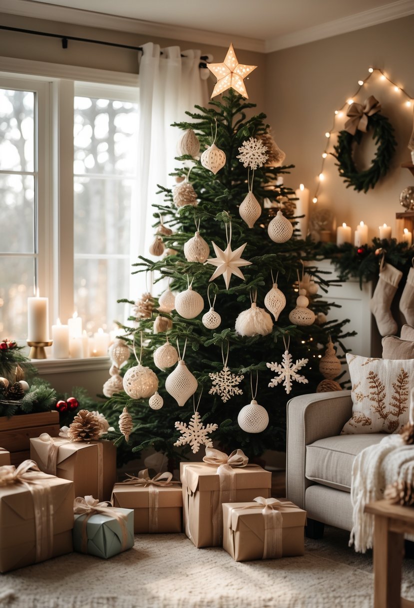 A cozy living room decorated for Christmas with a tree displaying handmade ornaments and festive decorations around the room.
