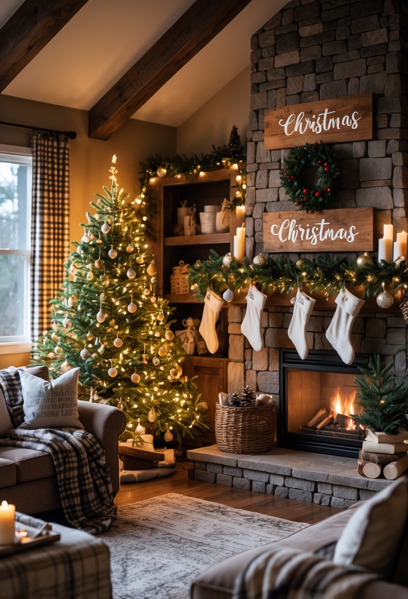 A living room decorated for Christmas with a Christmas tree, fireplace, and rustic wooden signs as part of the decor.