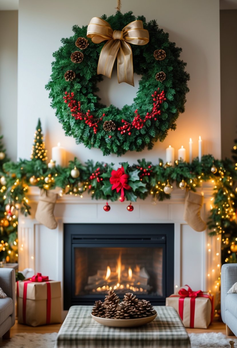 A living room with a decorative holiday wreath hanging on the wall above a fireplace, surrounded by Christmas decorations and cozy furniture.