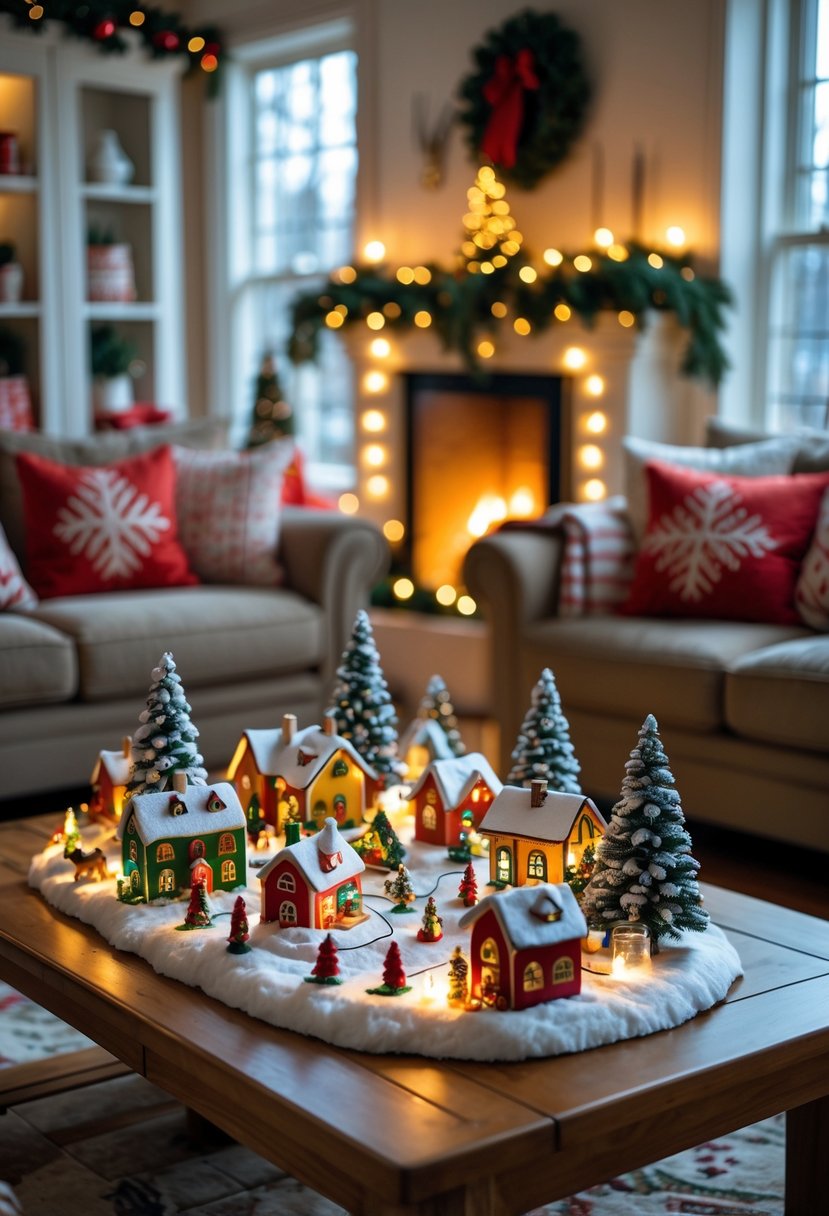 A miniature Christmas village displayed on a coffee table in a decorated living room with sofas and a fireplace.