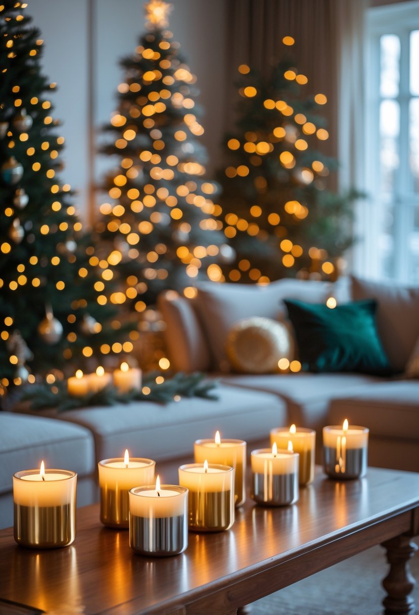 Candles in gold and silver holders glowing warmly on a table in a decorated Christmas living room.