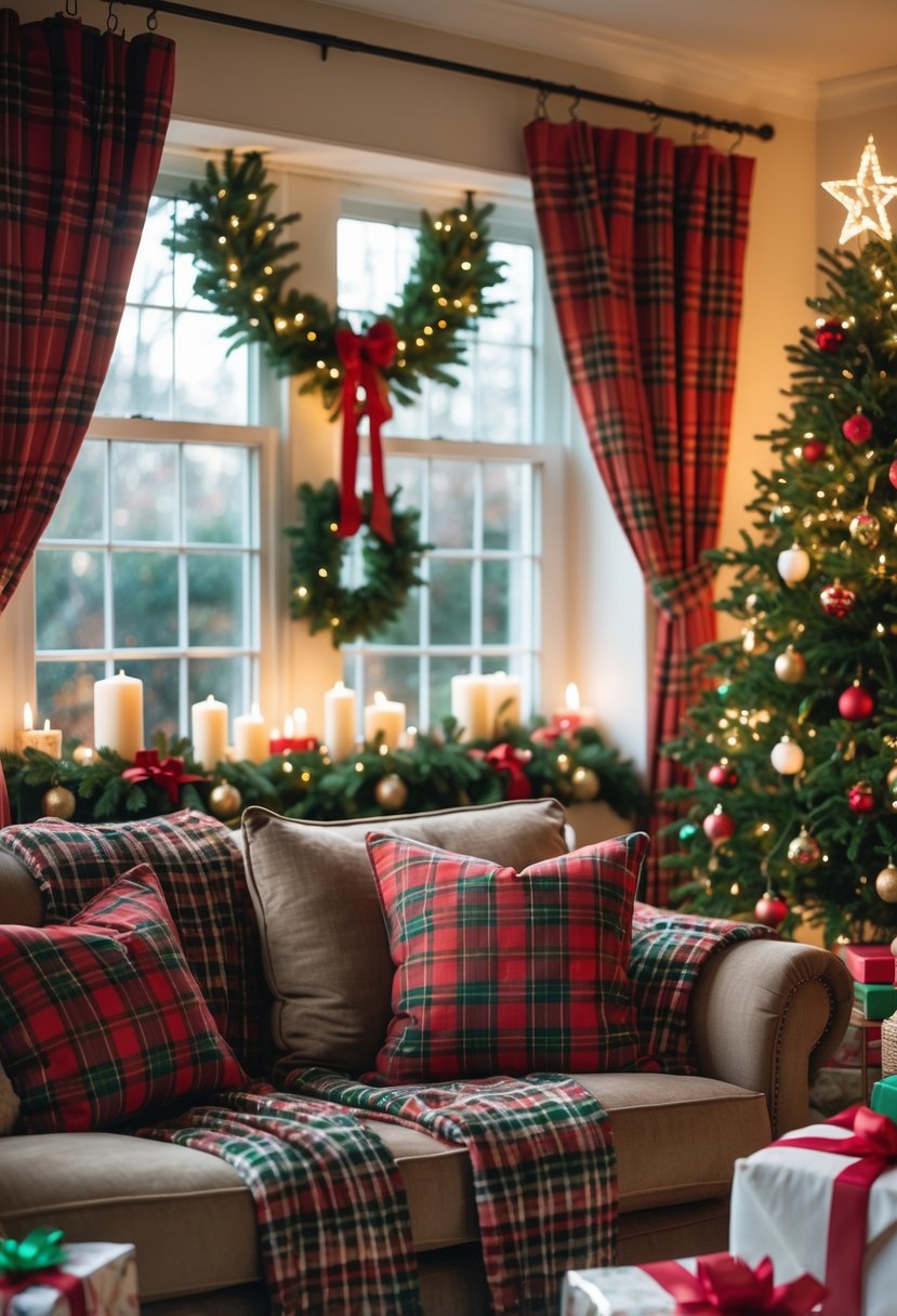 Living room decorated for Christmas with plaid curtains and throws, a Christmas tree, and festive decorations.