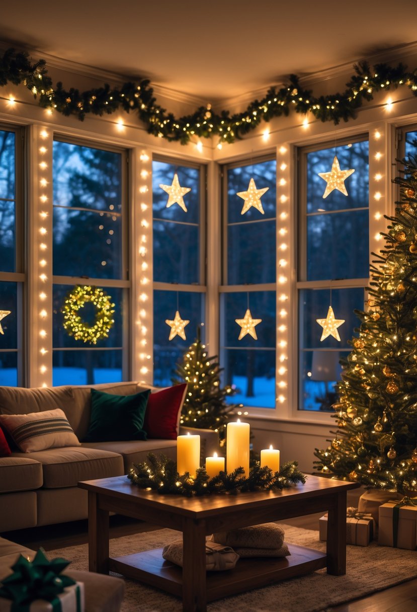 A living room decorated for Christmas with star-shaped string lights around the windows and a Christmas tree inside.