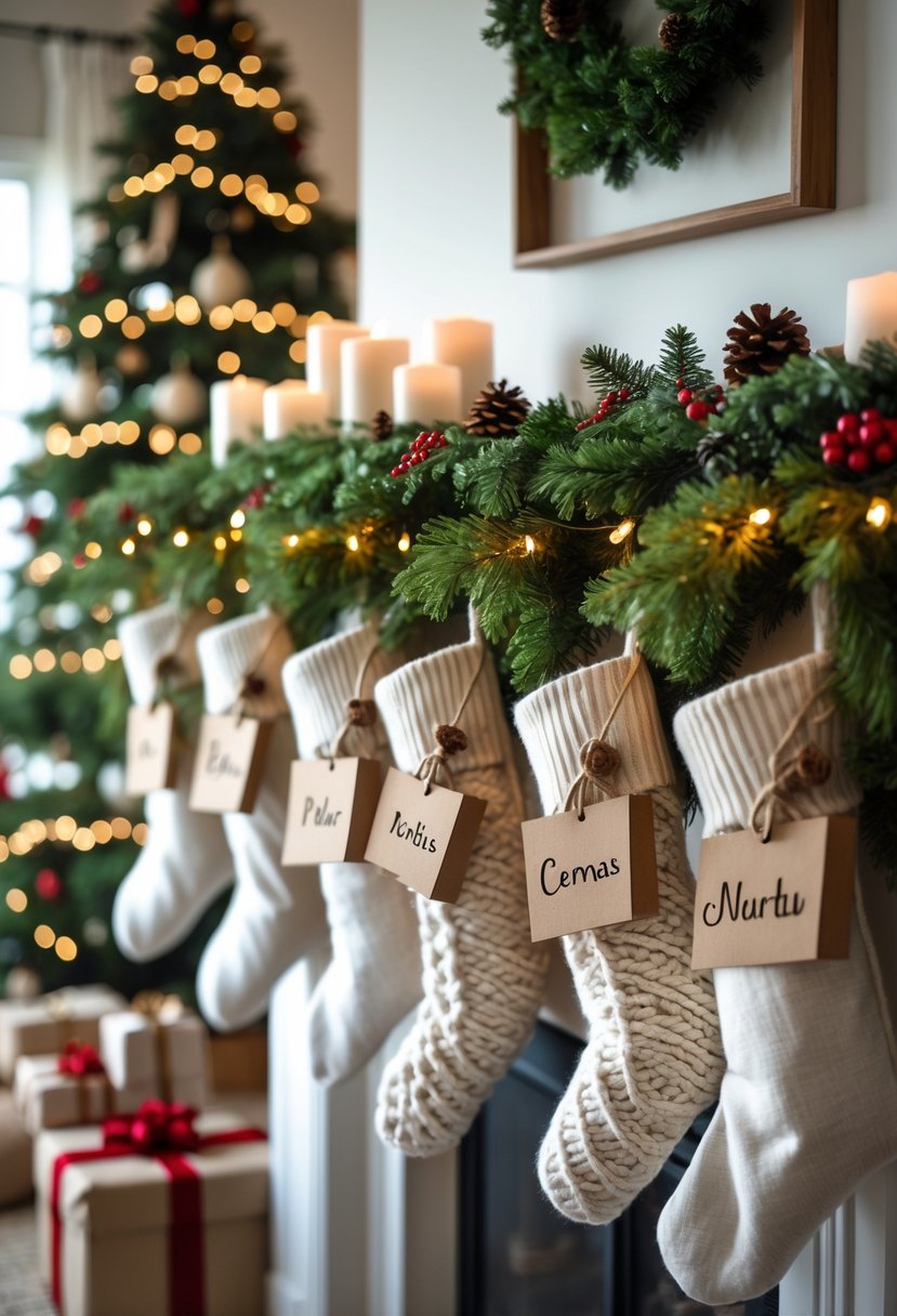 Christmas living room with stockings hanging on a decorated mantel, each with a personalized name tag, surrounded by festive garlands and warm lighting.