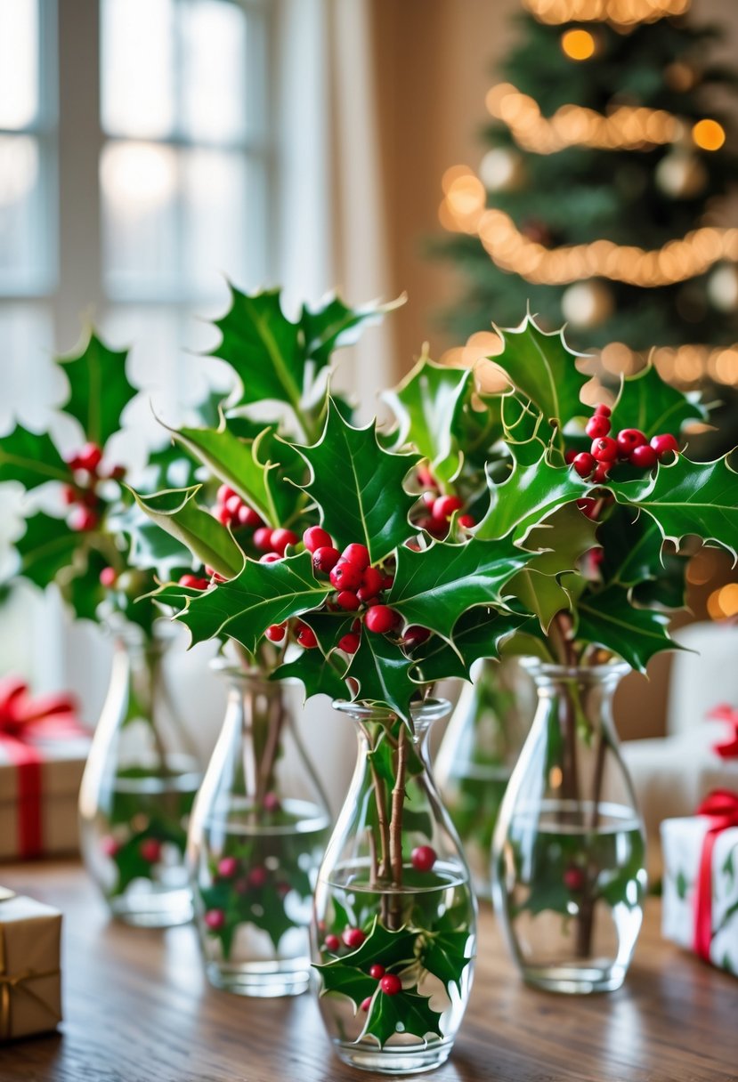 Glass vases filled with fresh holly sprigs on a wooden table in a living room decorated for Christmas.