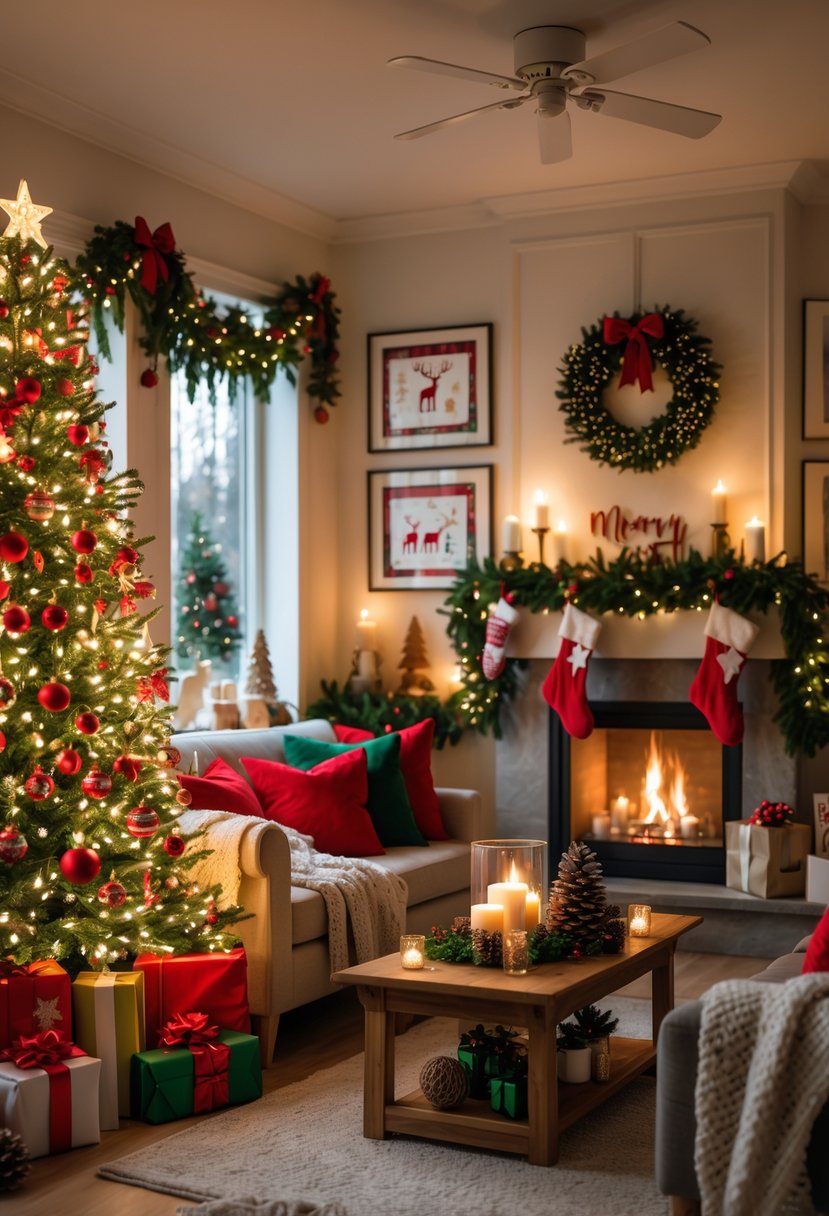 A living room decorated for Christmas with a lit tree, wrapped presents, festive pillows, framed holiday artwork on the walls, and a fireplace with stockings and garlands.